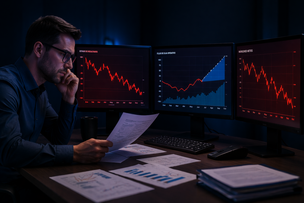 Empresario analizando datos financieros sin control ni claridad en sus números
